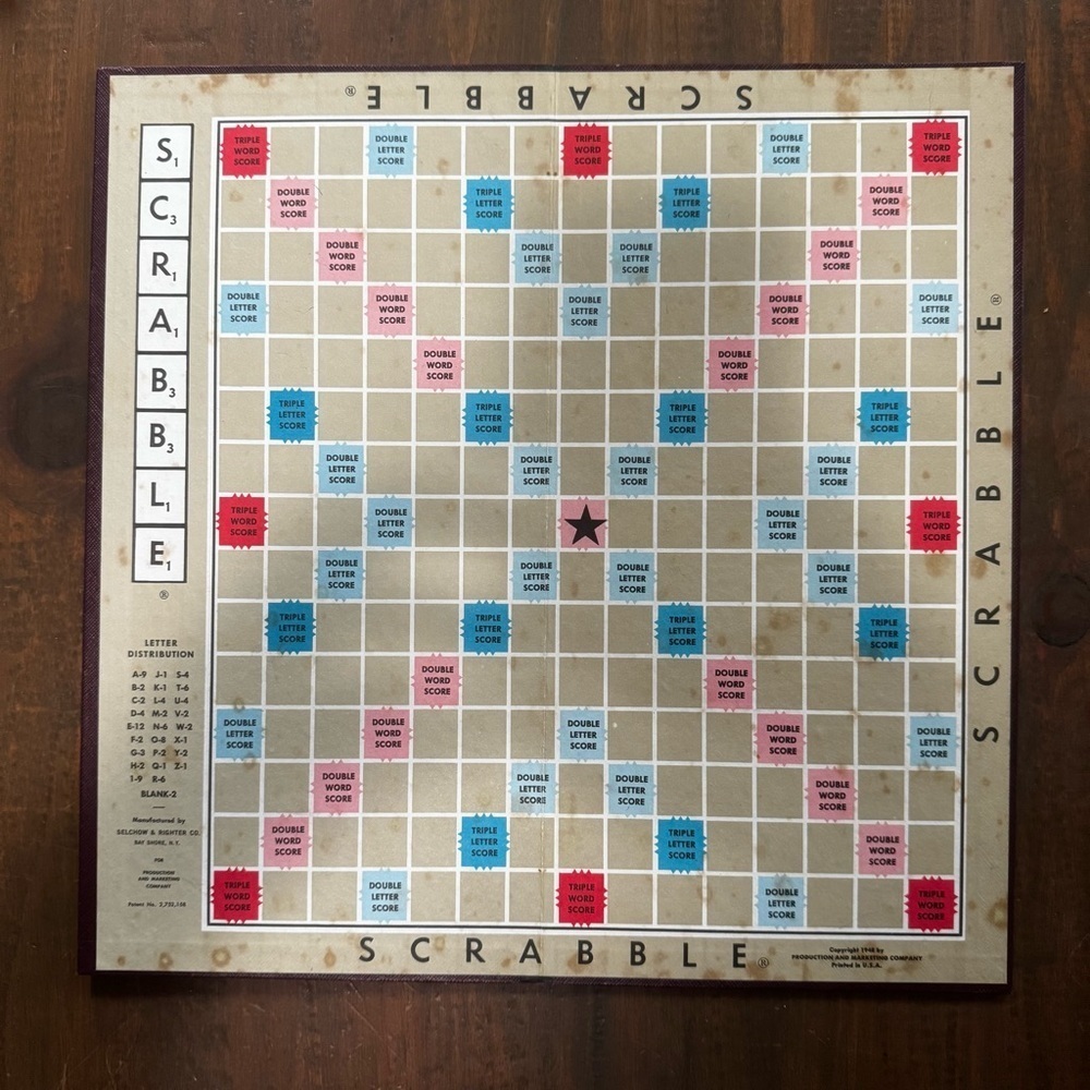 1948 Scrabble Game Board Only Replacement Piece, Burgundy Back Vintage